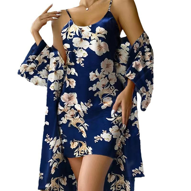 Satin Serenity: Lace-Trim Slip Dress & Robe Luxe Night Set Feminé Luxé