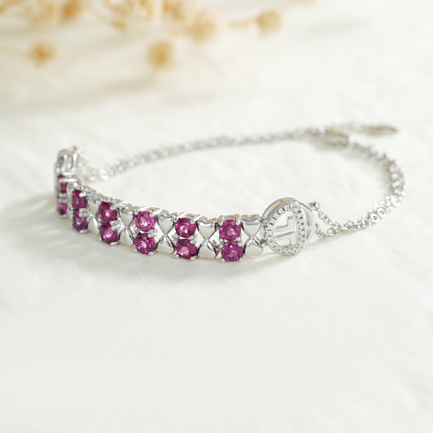 Romantic S925 Sterling Silver & Natural Purple Garnet Heart Clasp Bracelet Feminé Luxé