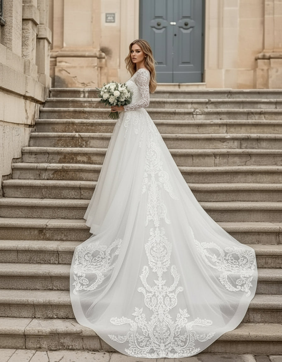 Exquisite Long Sleeve Lace Wedding Dress – Ivory Ball Gown Feminé Luxé