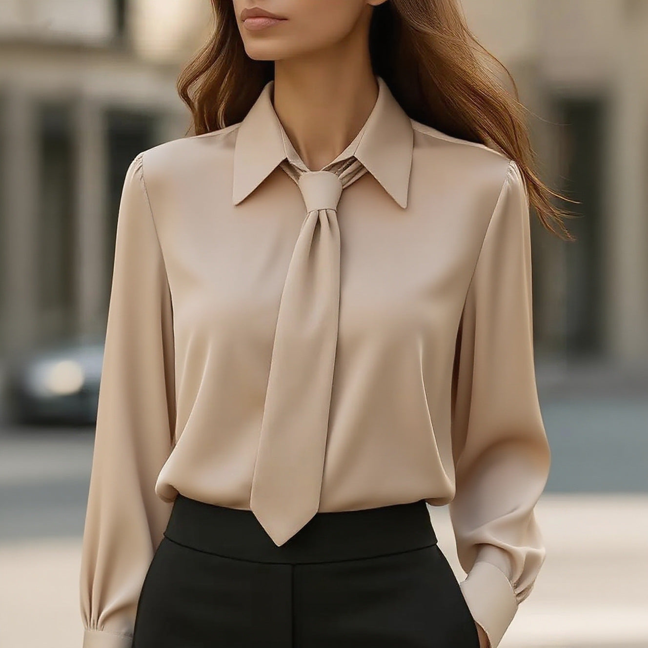 Elegant Silky Tie Neck Long Sleeve Blouse - Chic & Professional Feminé Luxé
