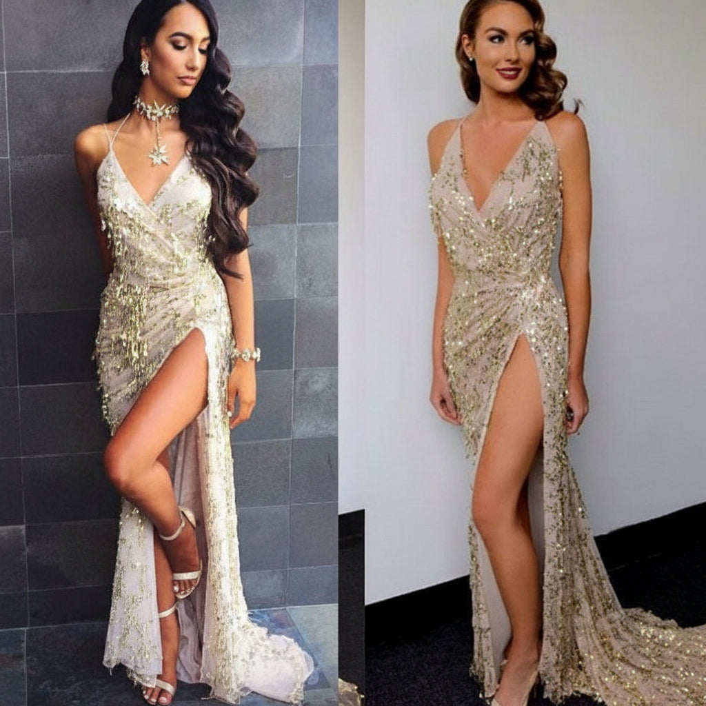 Exquisite High-Slit Sequin Halter Maxi Dress - Premium Bridal & Gala Evening Gown Feminé Luxé