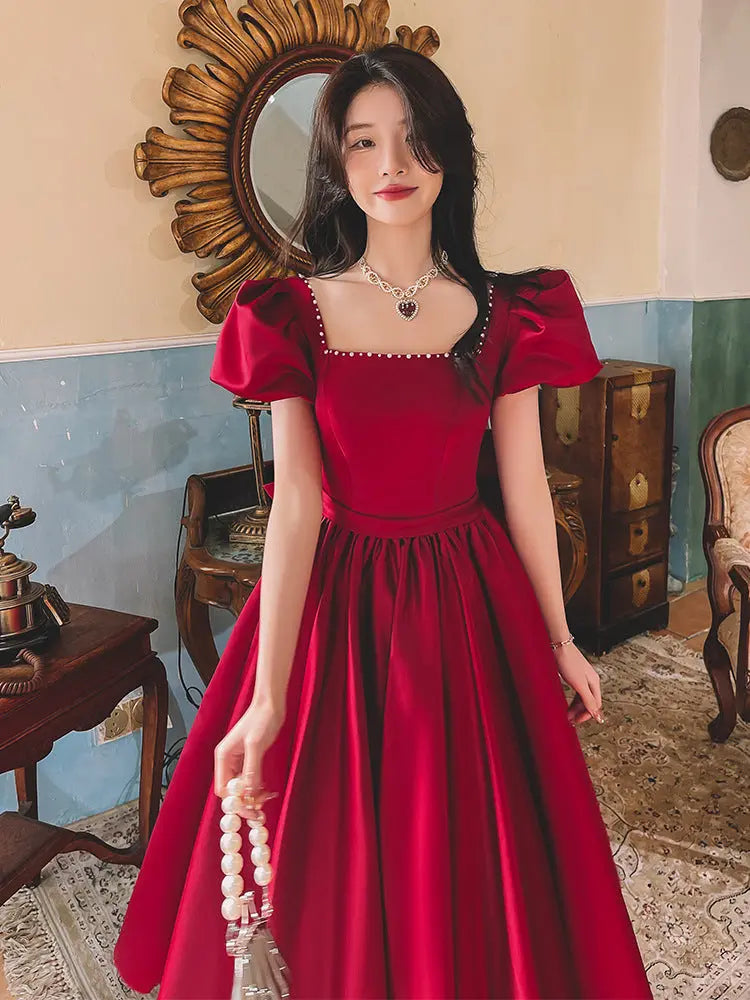 Winter Wine Red Princess Satin Dress Feminé Luxé