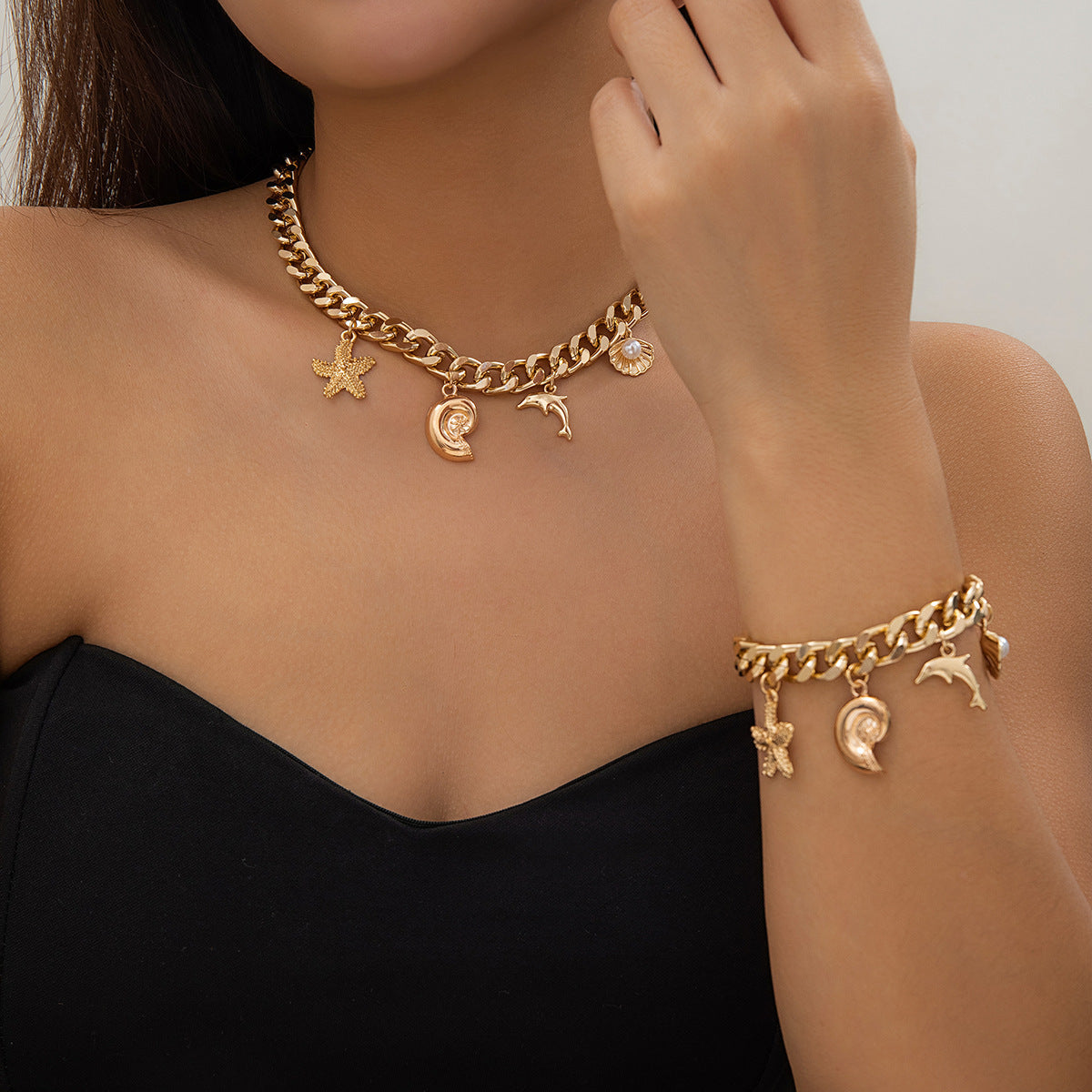 Bohemian Gold Tone Chunky Chain Necklace & Bracelet Set with Sea Charms Feminé Luxé