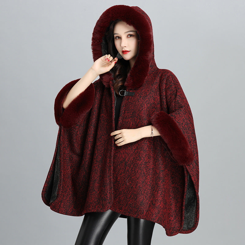 Elegant Faux Fur Trim Hooded Cape Shawl Feminé Luxé