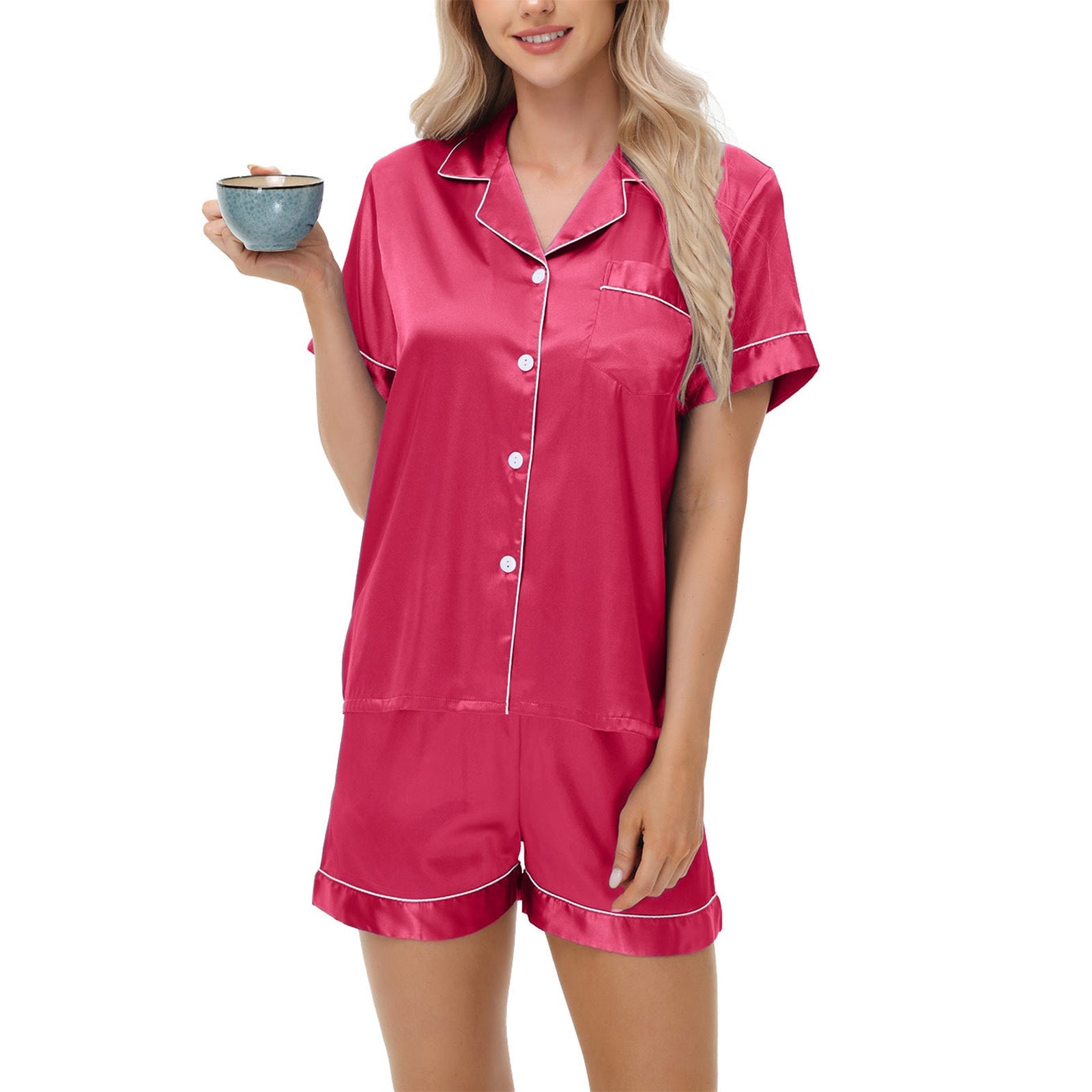 Effortless Silky Satin Pajama Set - Short Sleeve Top & Long Pants Loungewear Feminé Luxé