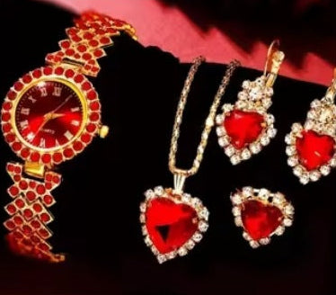 Luxurious 4-Piece Love Heart Crystal Watch & Jewelry Set (Red/Green/Blue) Feminé Luxé