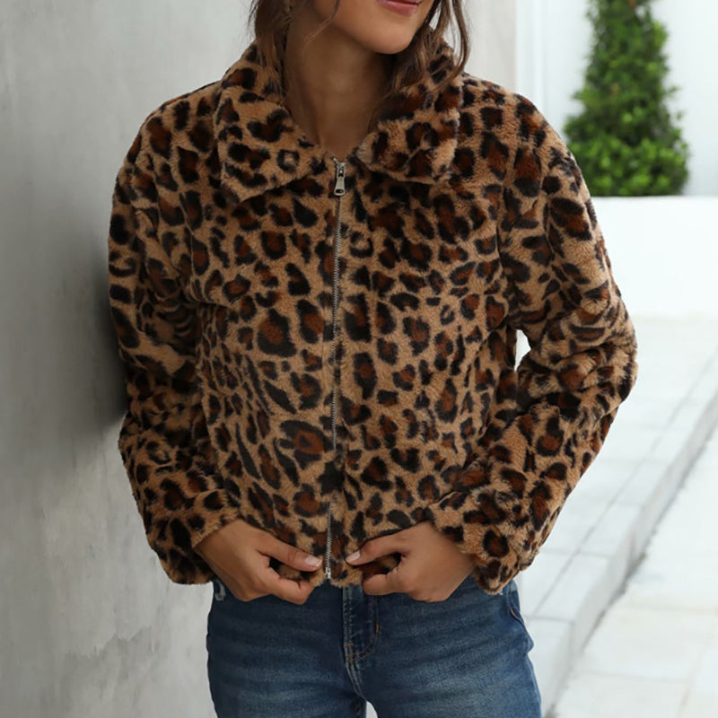 Vintage Leopard Print Faux Fur Zip-Up Jacket Feminé Luxé