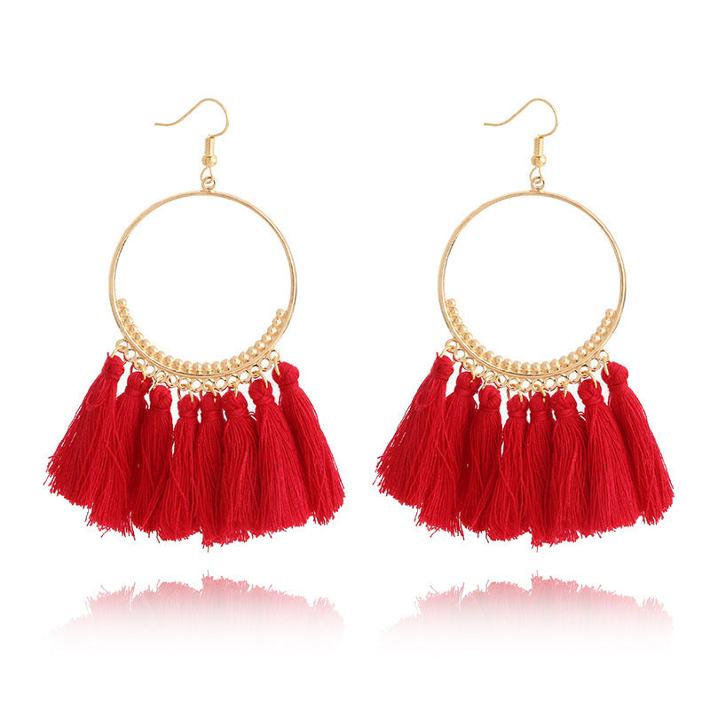 Bohemian Grande Tassel Hoop Earrings | Hand-Woven Fringe Dangles in Geometric Gold Finish Feminé Luxé