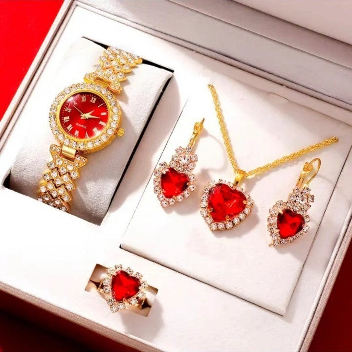 Luxurious 4-Piece Love Heart Crystal Watch & Jewelry Set (Red/Green/Blue) Feminé Luxé