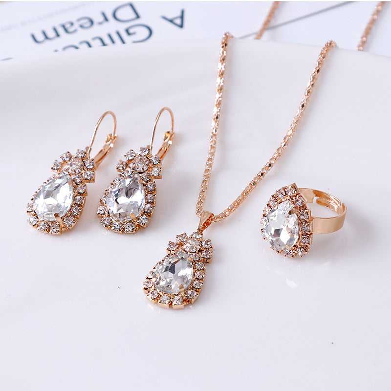 Elegant Water Drop Green Rhinestone Necklace, Earrings & Ring Set (3-Piece) Feminé Luxé