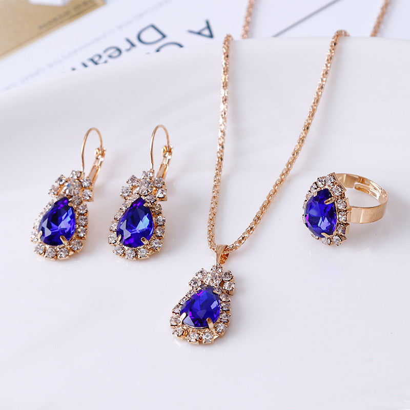 Elegant Water Drop Green Rhinestone Necklace, Earrings & Ring Set (3-Piece) Feminé Luxé