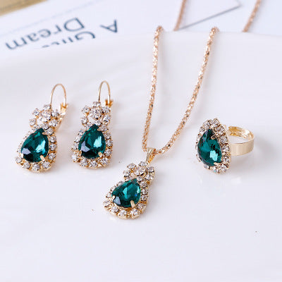 Elegant Water Drop Green Rhinestone Necklace, Earrings & Ring Set (3-Piece) Feminé Luxé