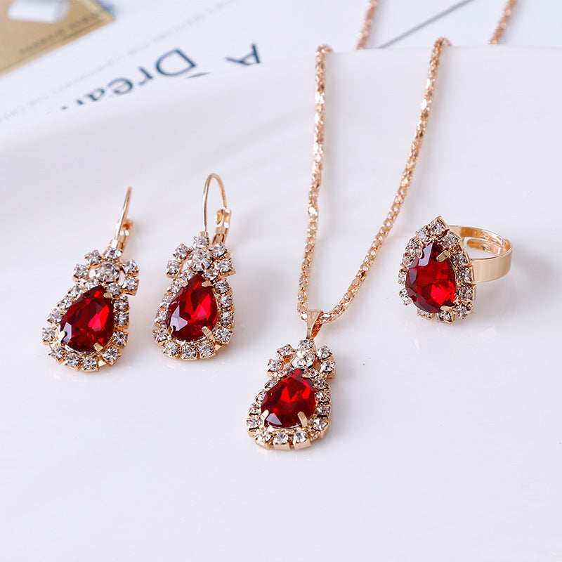 Elegant Water Drop Green Rhinestone Necklace, Earrings & Ring Set (3-Piece) Feminé Luxé