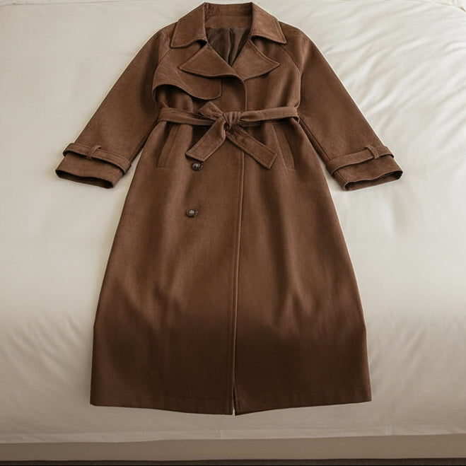 The Vintage Suede Longline Coat: Belted Double-Breasted Elegance Feminé Luxé