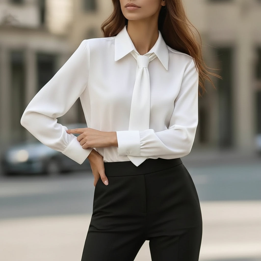 Elegant Silky Tie Neck Long Sleeve Blouse - Chic & Professional Feminé Luxé