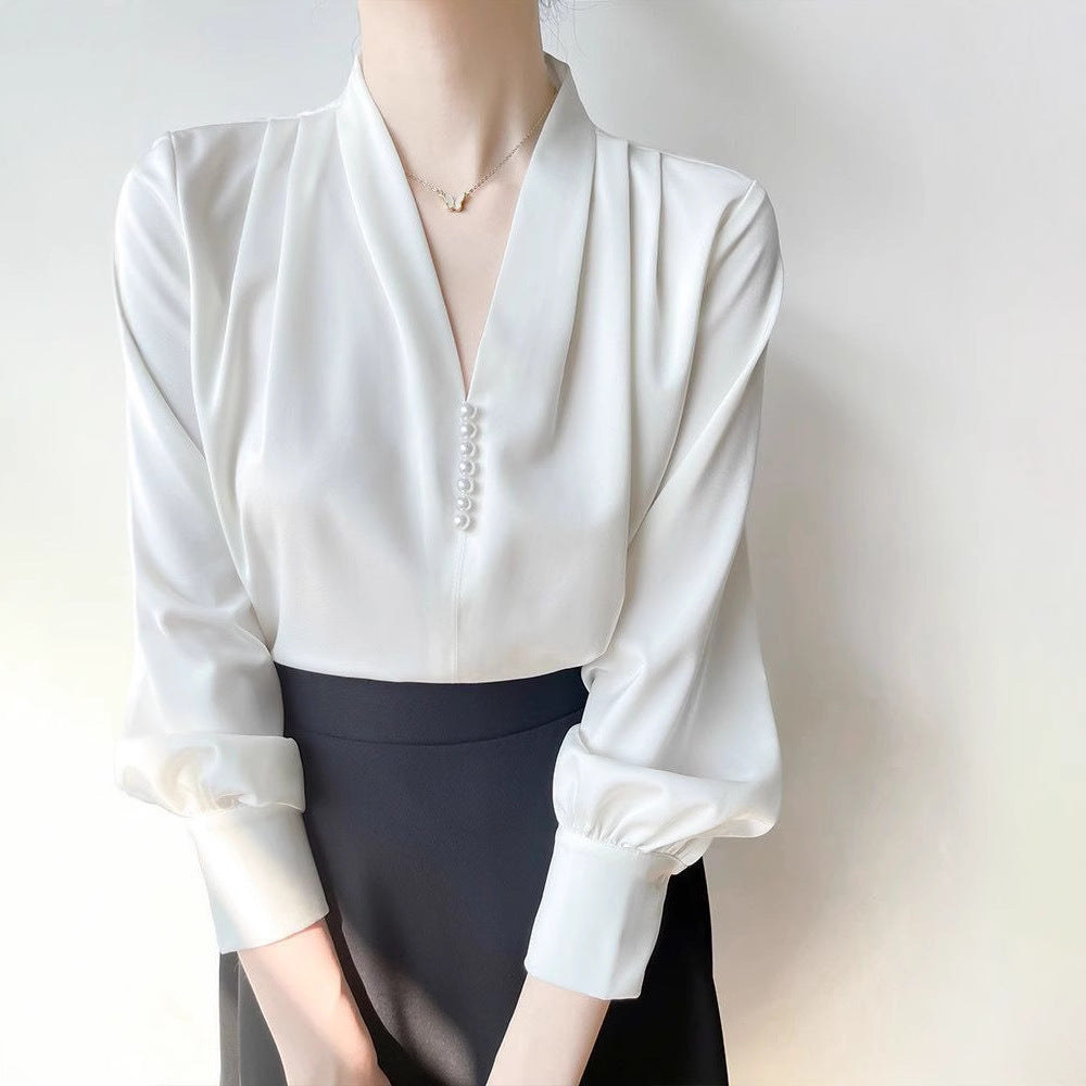 Elegant V-Neck Draped Chiffon Blouse - Chic & Sophisticated Feminé Luxé