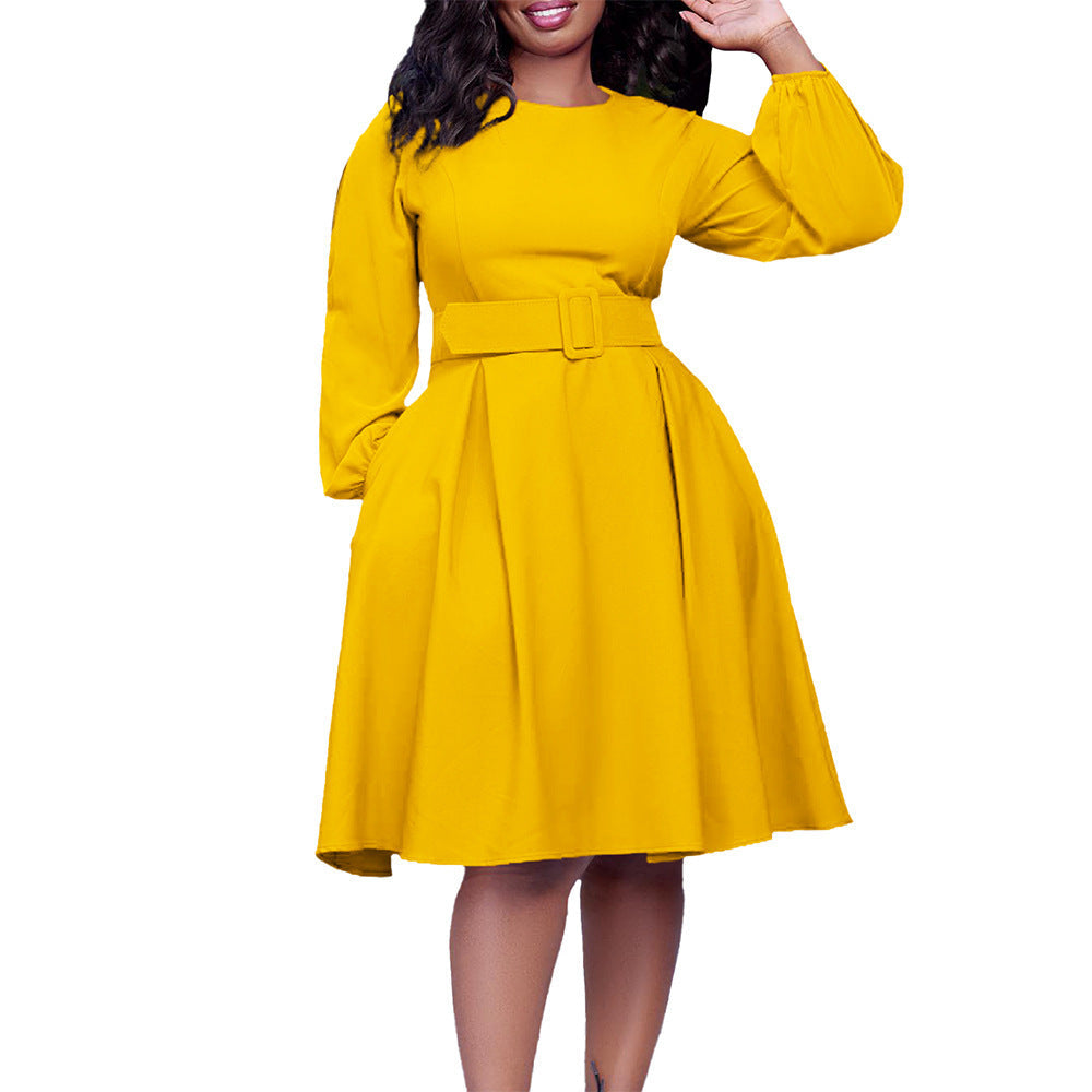 Belted Long Sleeve Swing Dress Feminé Luxé