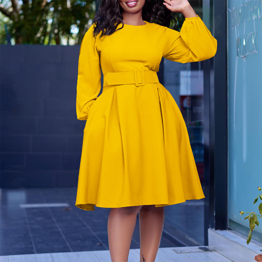 Belted Long Sleeve Swing Dress Feminé Luxé
