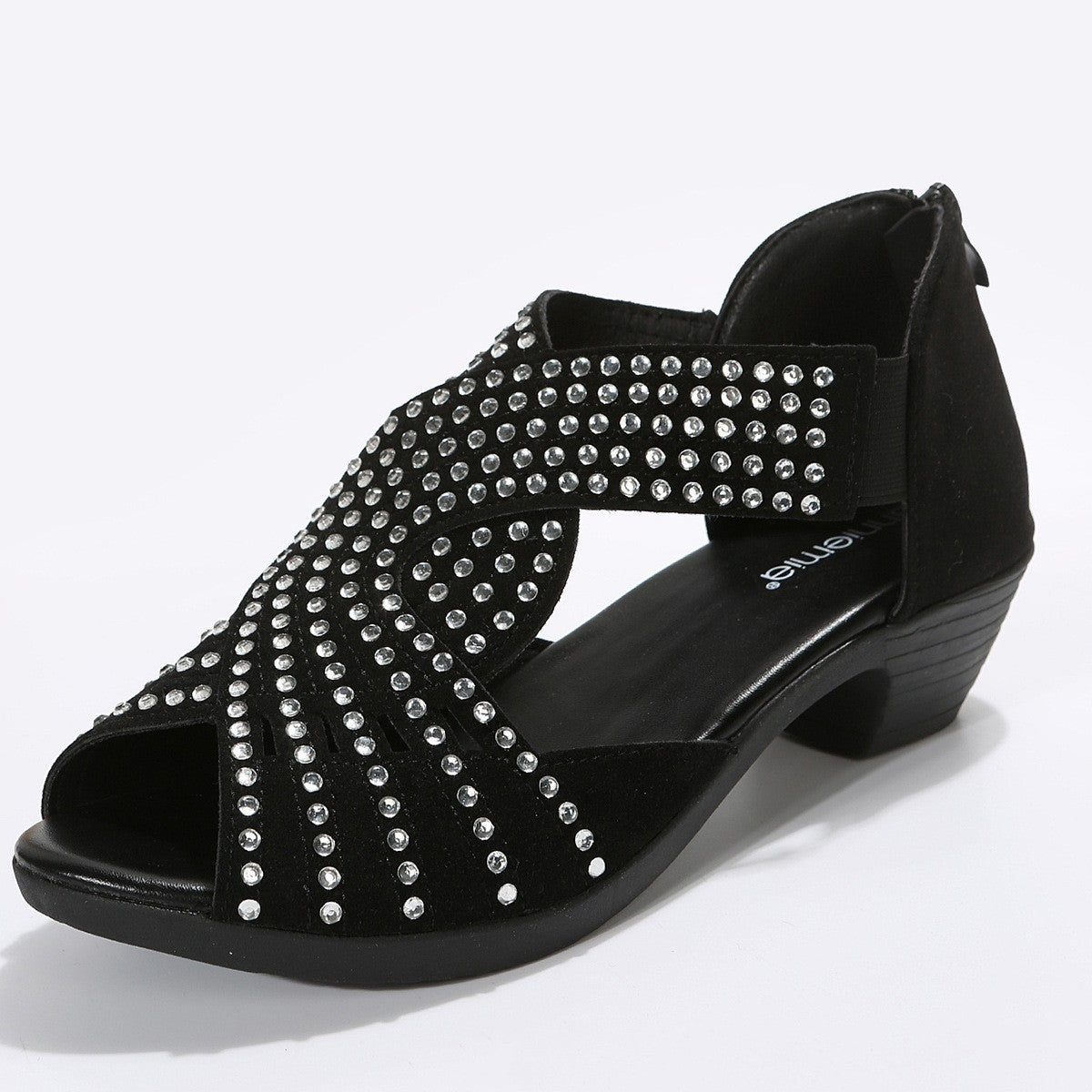 The "Obsidian Rhythm" Studded Peep-Toe Block Heel Sandal Feminé Luxé