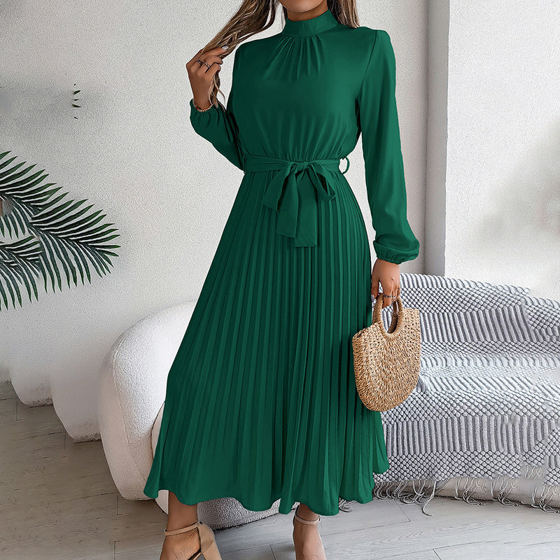 Elegant High Neck Pleated Maxi Dress - Long Sleeve Flowy Evening & Prom Event Gown Feminé Luxé