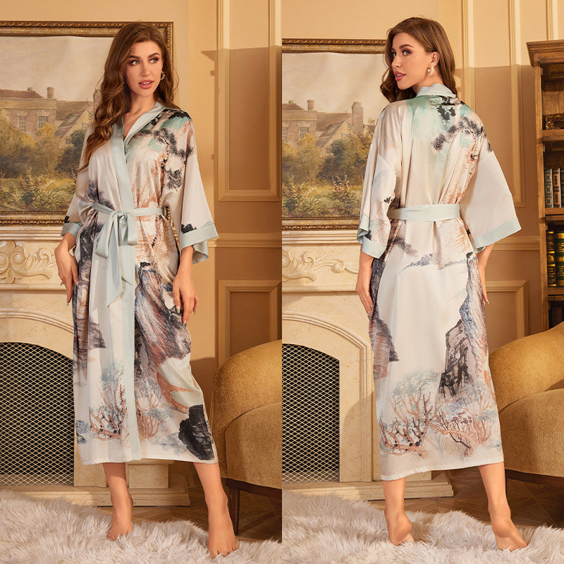 Elegant Printed Satin Maxi Kimono Robe | Luxurious Night Gown Feminé Luxé