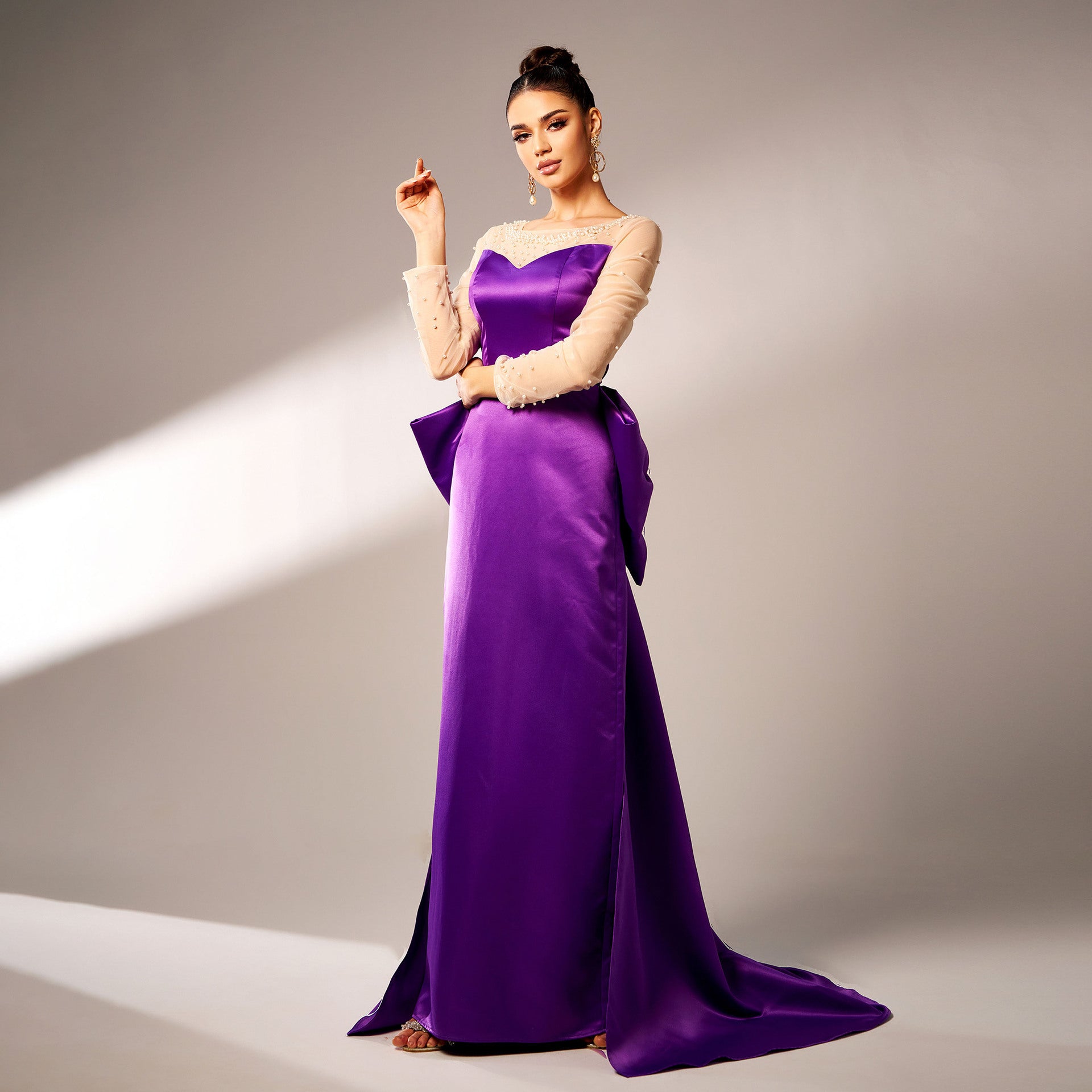 Royal Purple Long Sleeve Beaded Bow Evening Gown Feminé Luxé