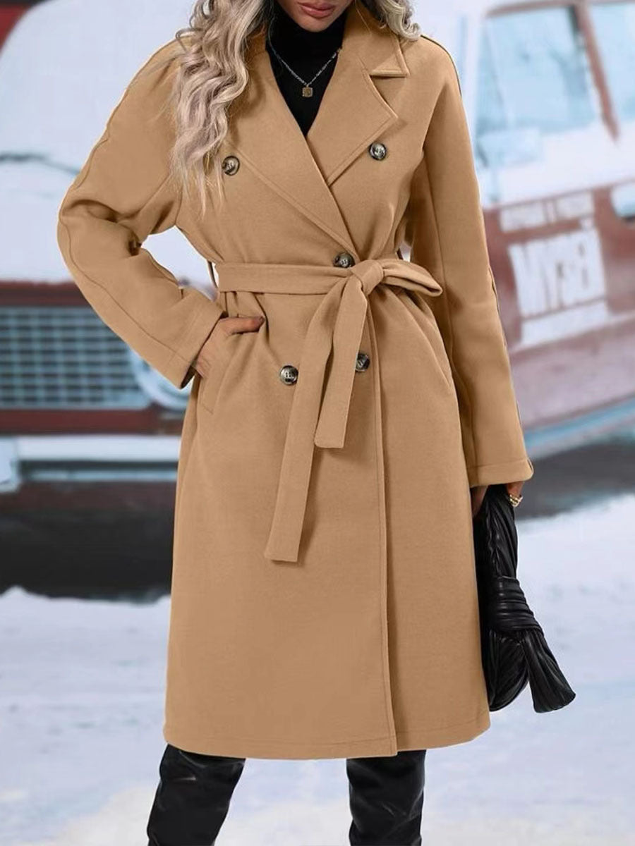 Lapel Double-breasted Trench Coat With Belt Winter Fashion Solid Color Long Jacket Outwear Women Clothing Feminé Luxé