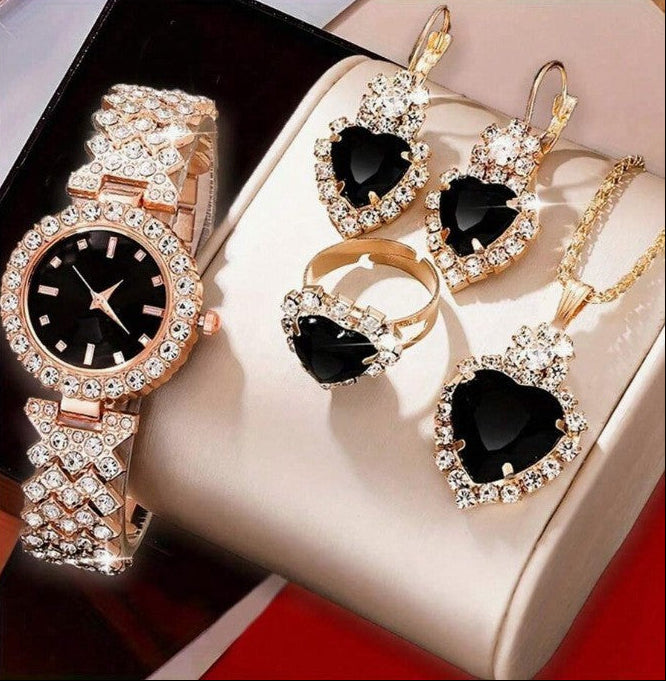 Luxurious 4-Piece Love Heart Crystal Watch & Jewelry Set (Red/Green/Blue) Feminé Luxé