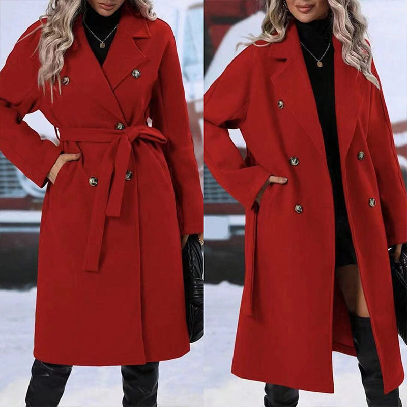 Lapel Double-breasted Trench Coat With Belt Winter Fashion Solid Color Long Jacket Outwear Women Clothing Feminé Luxé
