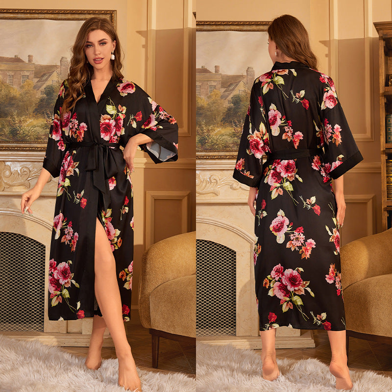 Elegant Printed Satin Maxi Kimono Robe | Luxurious Night Gown Feminé Luxé