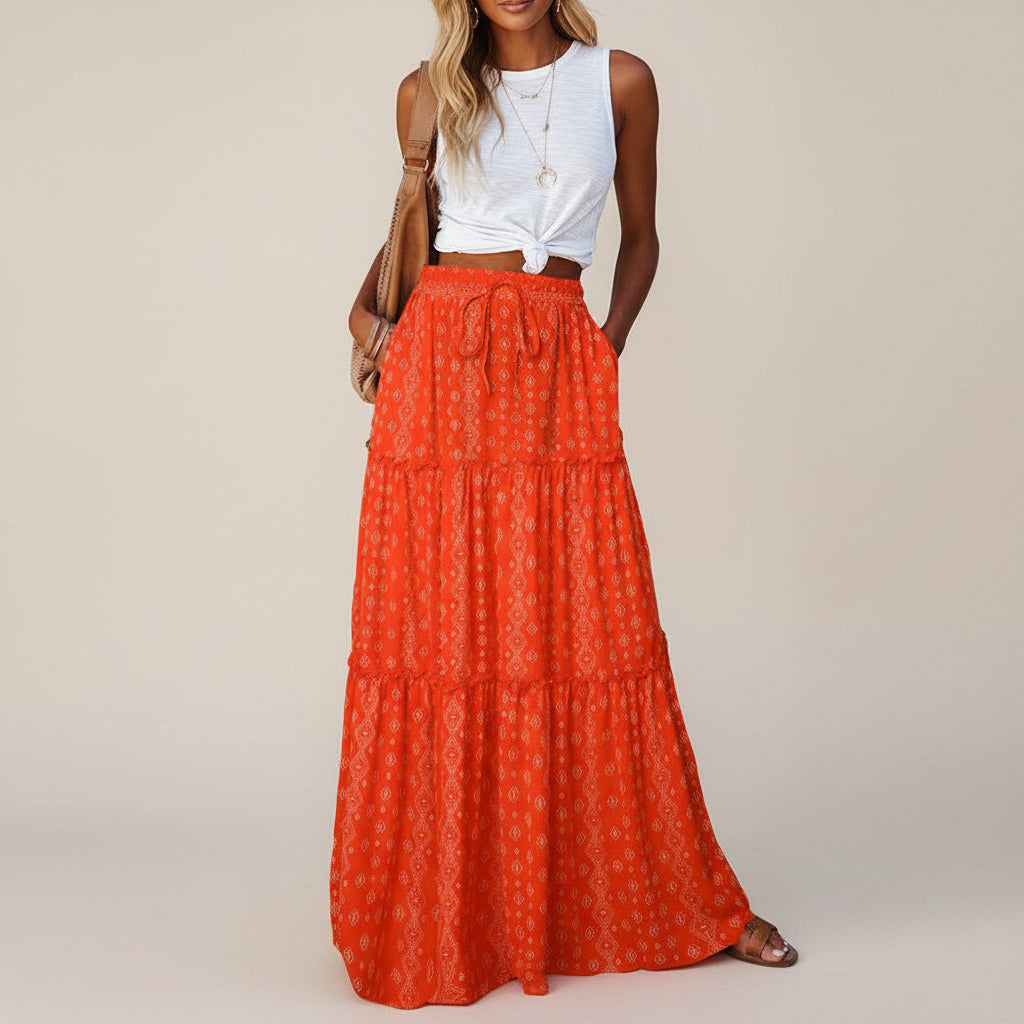 The Bohemian Resort Tiered Maxi Skirt | High-Rise & Hand-Printed Look Feminé Luxé