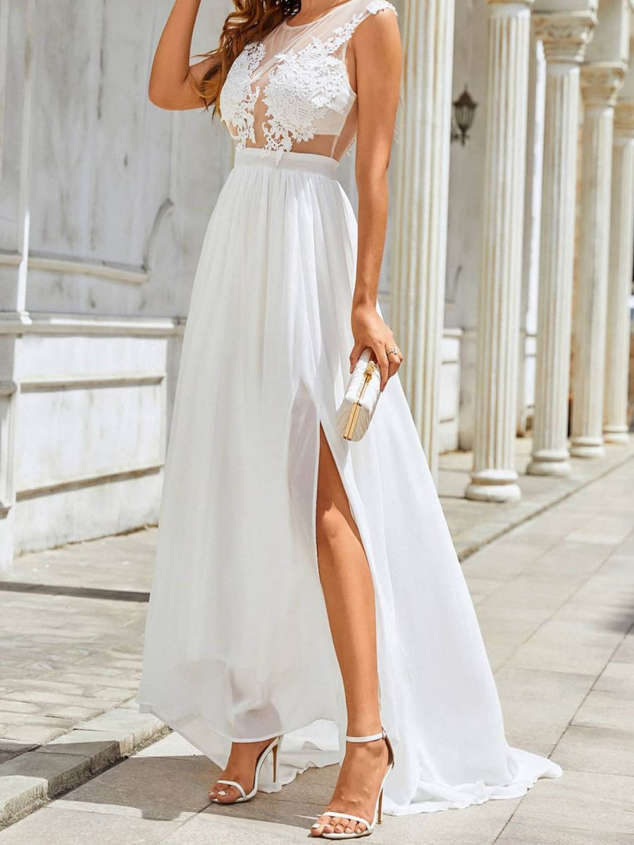 Bohemian Chiffon & Lace High-Slit Gown - Modern Destination Wedding Dress Feminé Luxé