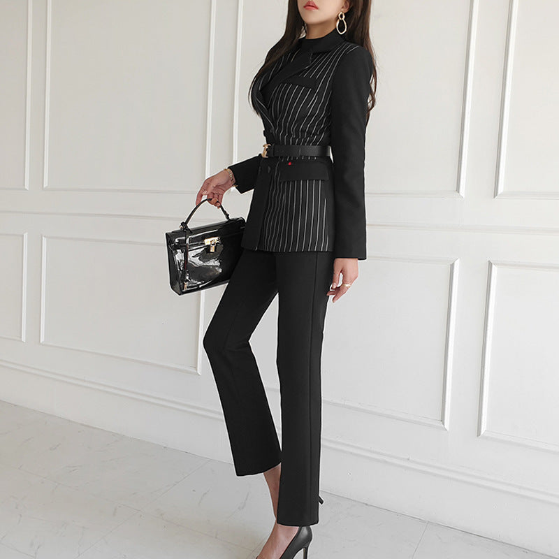 Elegant Black Pinstripe Blazer & Slim Pant Suit Set Feminé Luxé