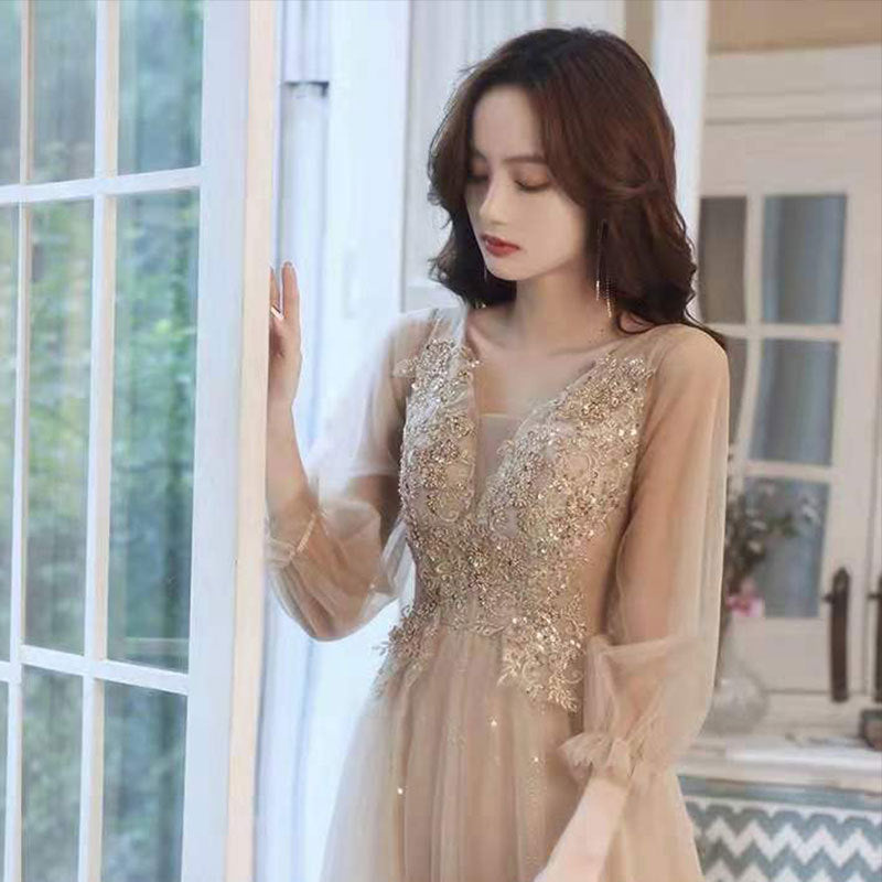 Golden Glitter Sheer Sleeve Banquet Evening Gown Feminé Luxé