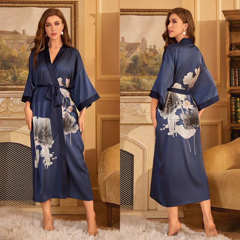 Elegant Printed Satin Maxi Kimono Robe | Luxurious Night Gown Feminé Luxé