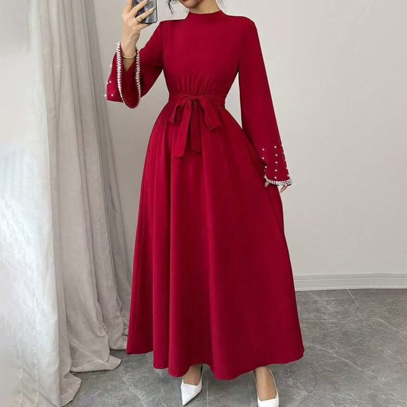 Elegant High-Neck Maxi Gown | Long Sleeve Embellished Belt Event Dress Feminé Luxé
