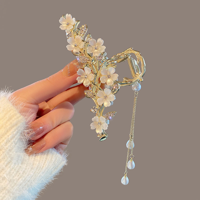 The Blossom Cascade Claw: Ornate Bell Orchid & Pearl Tassel Hair Gripping Clip - Couture Bridal & Statement Accessory Feminé Luxé
