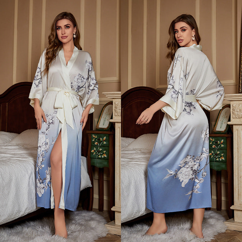 Elegant Printed Satin Maxi Kimono Robe | Luxurious Night Gown Feminé Luxé