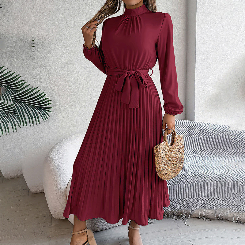 Elegant High Neck Pleated Maxi Dress - Long Sleeve Flowy Evening & Prom Event Gown Feminé Luxé