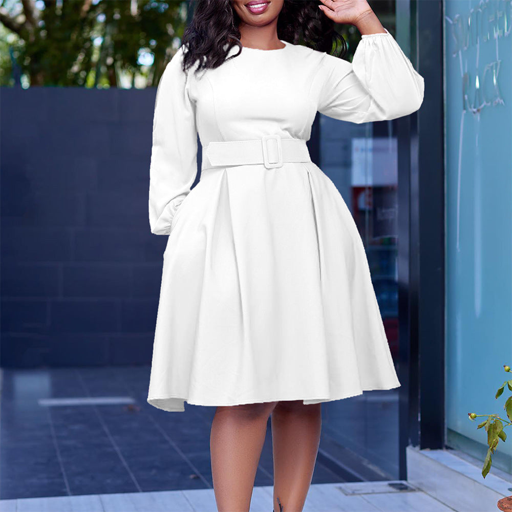 Belted Long Sleeve Swing Dress Feminé Luxé