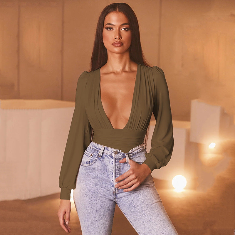 Plunging V-Neck Pleated Sleeve Bodysuit Feminé Luxé
