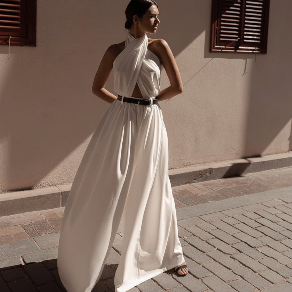 Elegant White Halter Backless Jumpsuit | Wide-Leg Formal Romper for Prom & Events Feminé Luxé