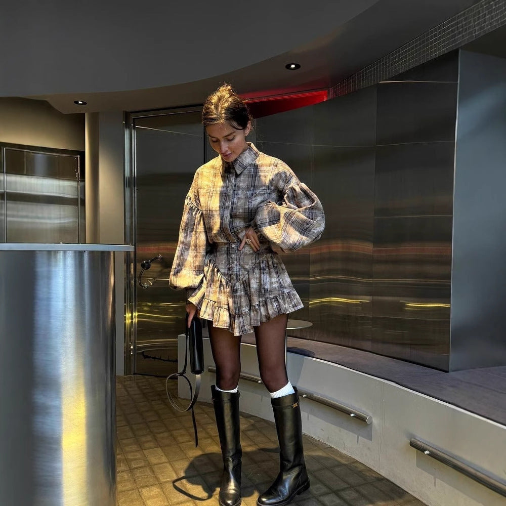 Designer Plaid Ruffle-Detail Crop Blouse & Tiered Mini Skirt Set – Gothic Chic Feminé Luxé