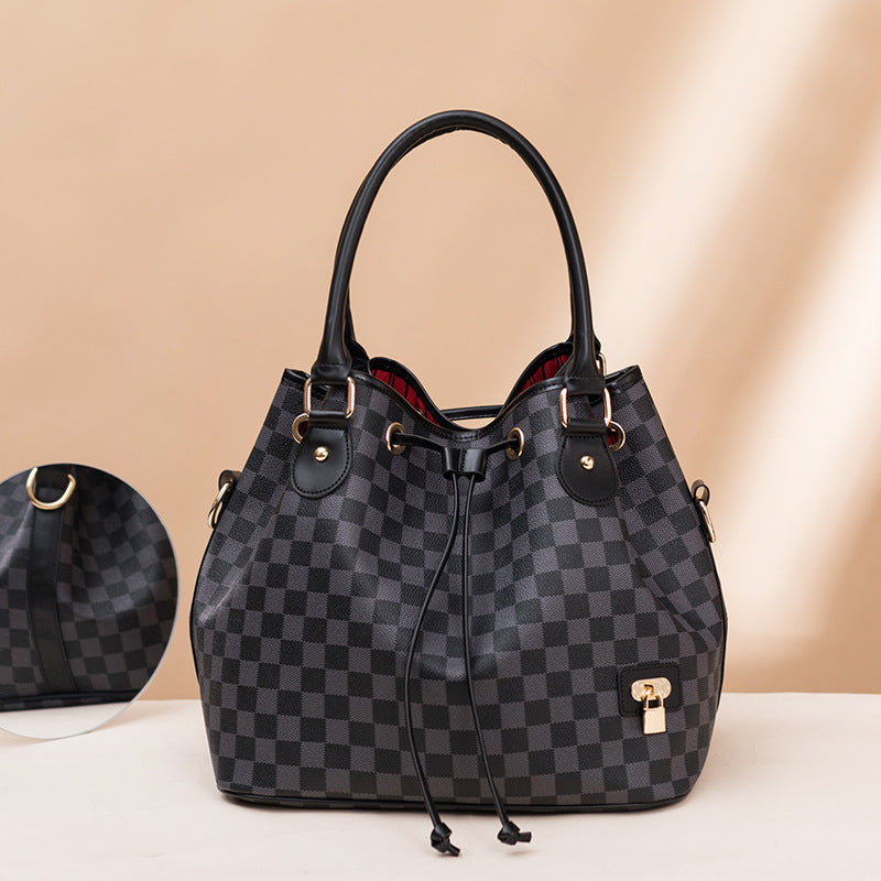 The Monte Carlo Checkered Bucket Bag – Luxury Drawstring Shoulder Tote Feminé Luxé