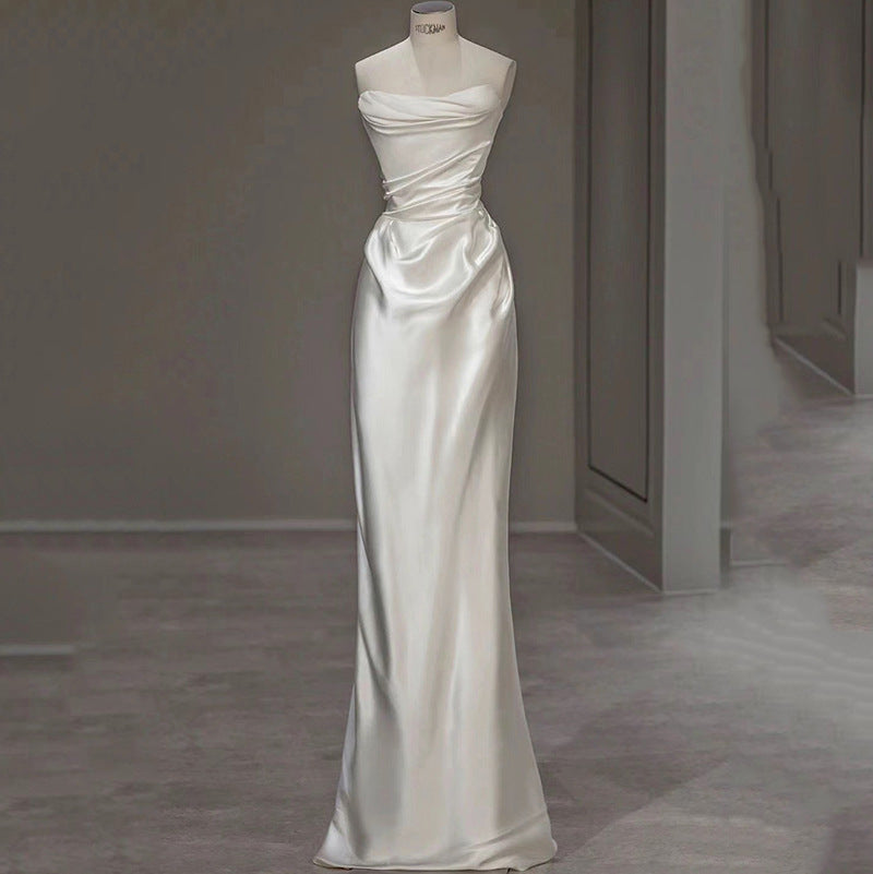 Minimalist Satin Strapless White Wedding Dress Feminé Luxé