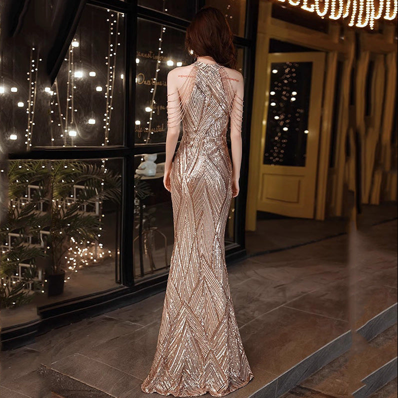 Champagne Sequin Halter Neck Fishtail Evening Gown Feminé Luxé