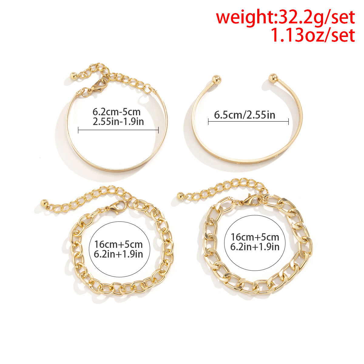 Minimalist 3-Piece Smooth Cuff & Layered Chain Bracelet Set (Gold/Silver Tone) Feminé Luxé