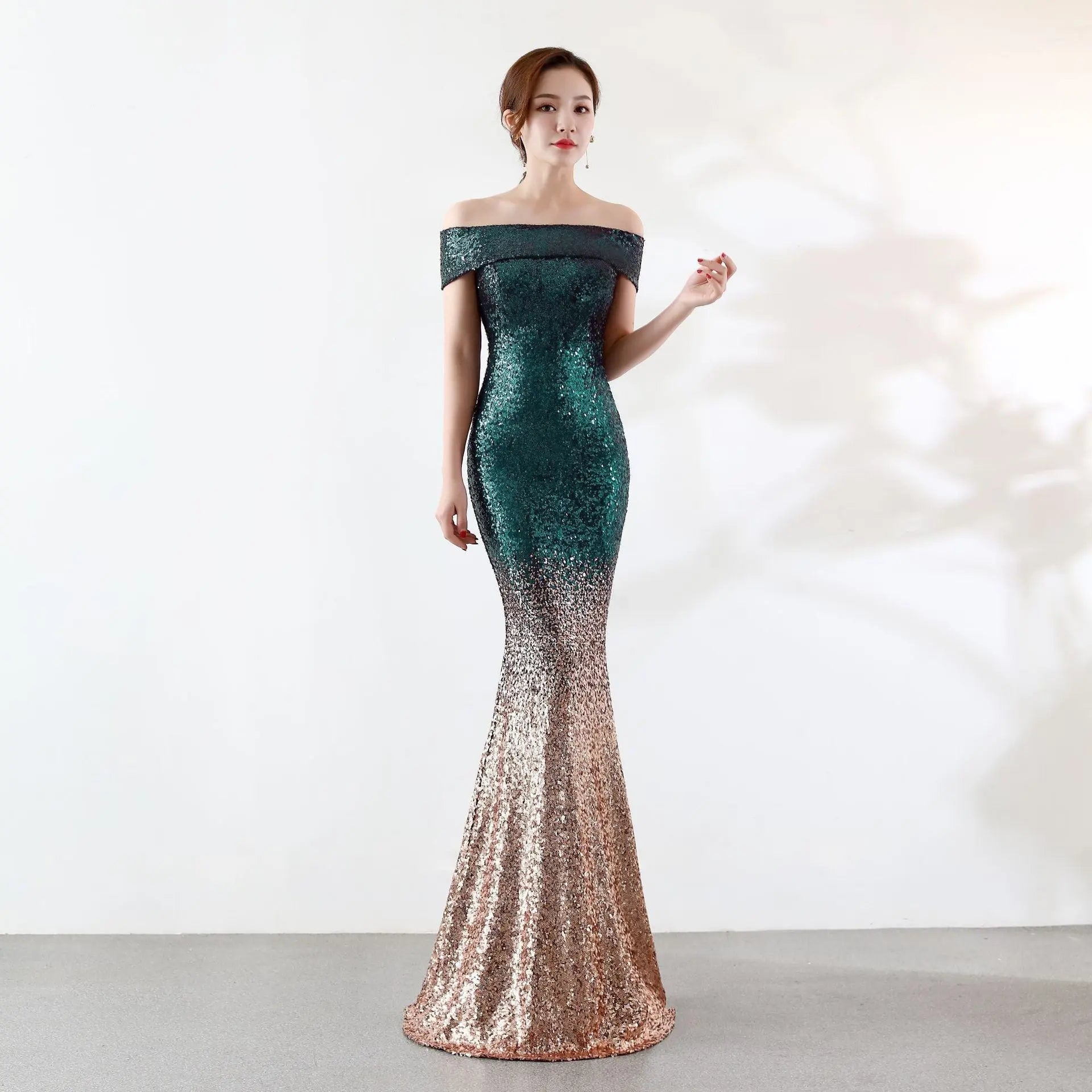 Luxury Gradient Sequin Mermaid Evening Dress – Off-Shoulder Slim Fit Feminé Luxé