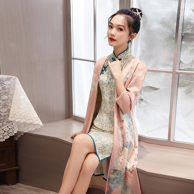 Luxurious Suede & Brocade Cheongsam Gown - Premium Oriental Reception Dress Feminé Luxé