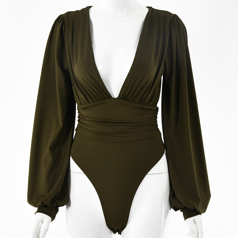 Plunging V-Neck Pleated Sleeve Bodysuit Feminé Luxé